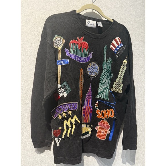 Vintage Sandifo Women's NYC Sweater New York City Embroidered O/S Art Beaded - Picture 2 of 9